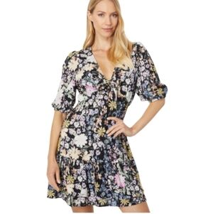 Saltwater Luxe Floral Mini Dress Small Black Pink Boho Tie Front Puff Sleeve